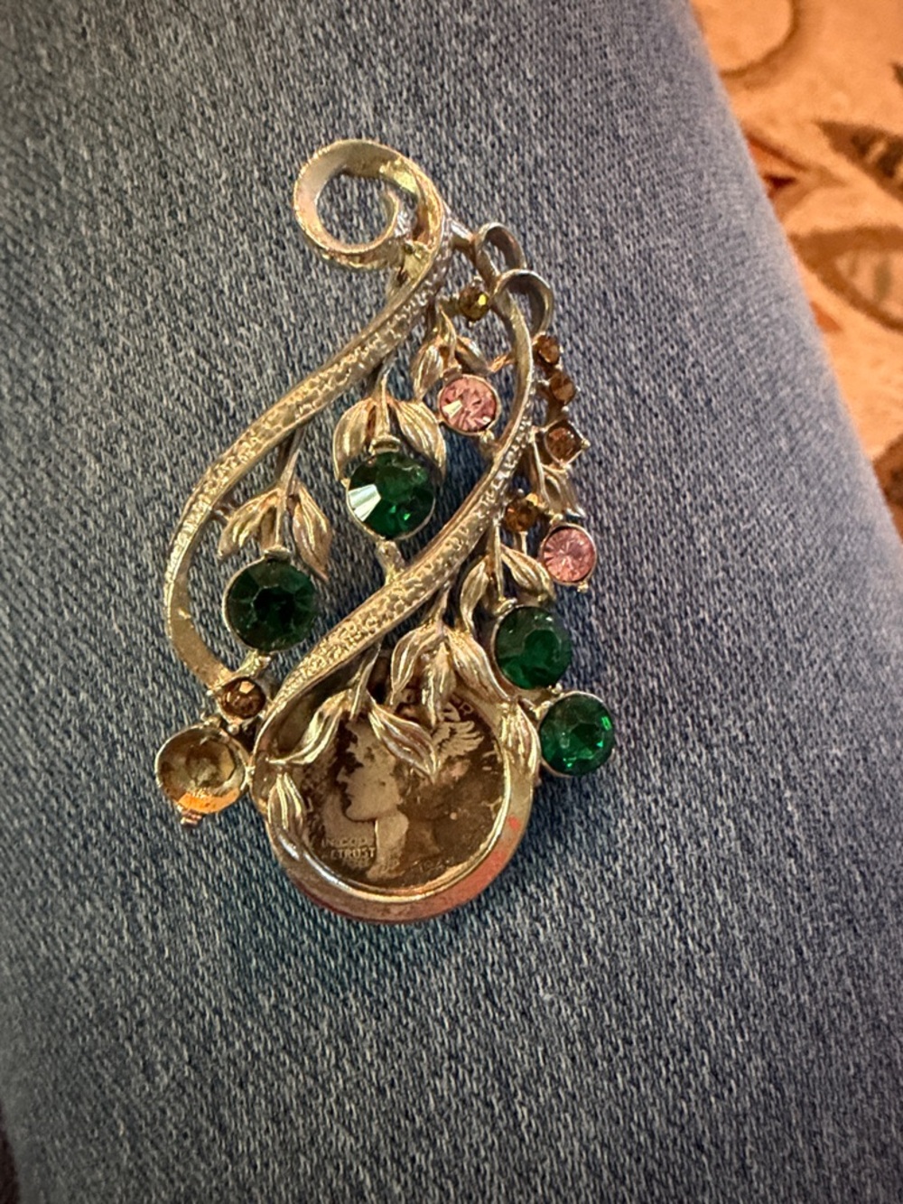 Vintage-Inspired Gold Leaf Pendant with 1942 dime and Gem Accents